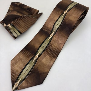 Brown Abstract Design Tie with Matching Pocket Square - Vintage Necktie and Hanky Set