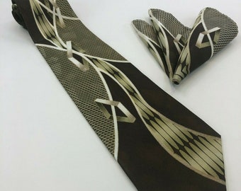 Diamonds Abstract Tie with Pocket Square - Vintage Necktie and Hanky Set #TH 39