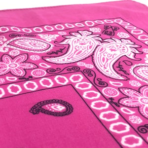 Puede incluir: Un pañuelo rosa con un patrón paisley blanco. El pañuelo tiene un borde negro y un borde blanco.