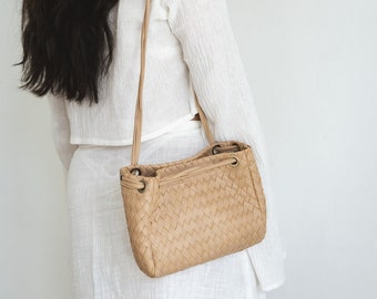 Sand Beige Shoulder Crossbody Bag, Shoulder Bag, Crossbody Bag, Woven Genuine Leather, Leather Crossbody, Minimal Bag, Multiway Bag