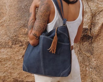 Handmade Blue Suede Convertible Tote Bag, Saddle Light Brown, Minimalist