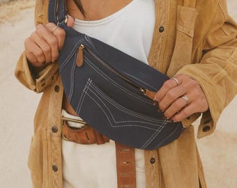 Blue suede Leather Crossbody – Genuine Leather Fanny Pack Belt Bag, Minimal Waist Bag, Travel Hip Bag