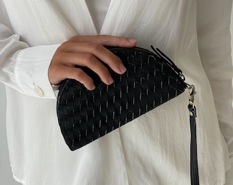 Cartera minimalista de cuero negro genuino tejido, billetera con forma de media luna, billetera de cuero para mujer, billetera beige para uso diario, billetera minimalista