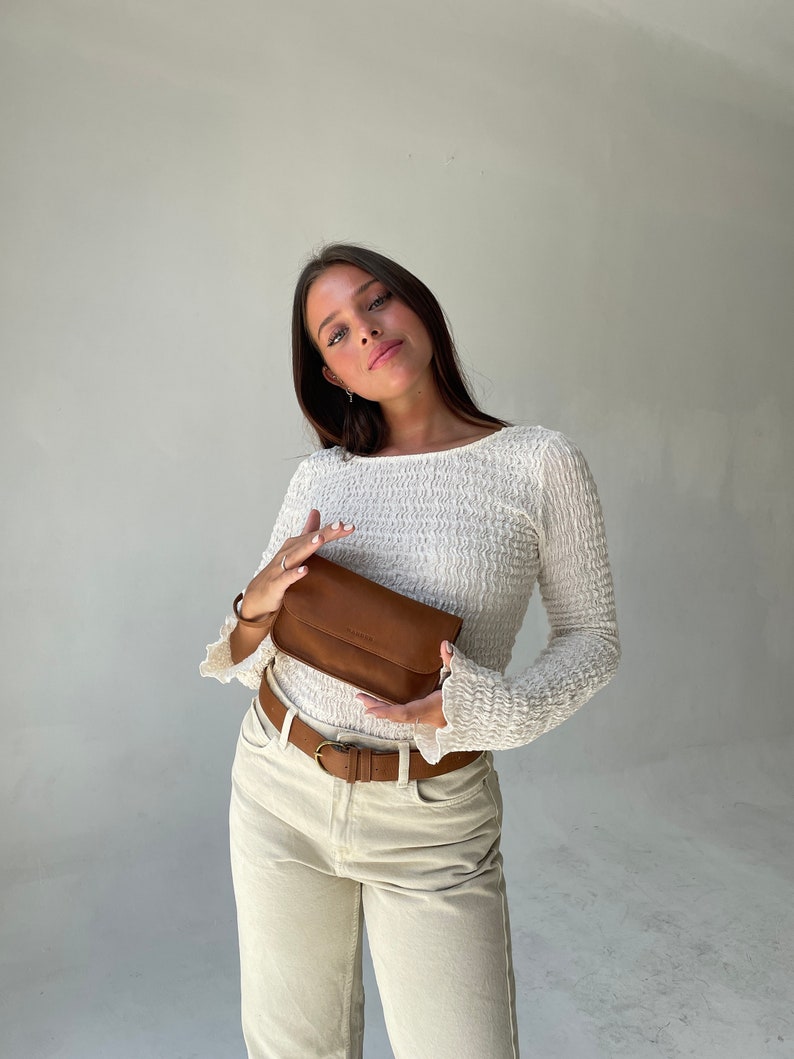 Tan Leather Belt Bag, Genuine Leather Fanny Pack, Adjustable Crossbody Bag, Leather Bum Bags, Gifts for her, Minimalist Fanny Pack image 3