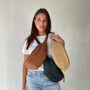 Handwoven, Genuine Tan Leather Fanny Pack, belt bag, Bum Bag, Adjustable Crossbody Bag, hip pack, waist pouch, minimalist bag, women's bag image 10