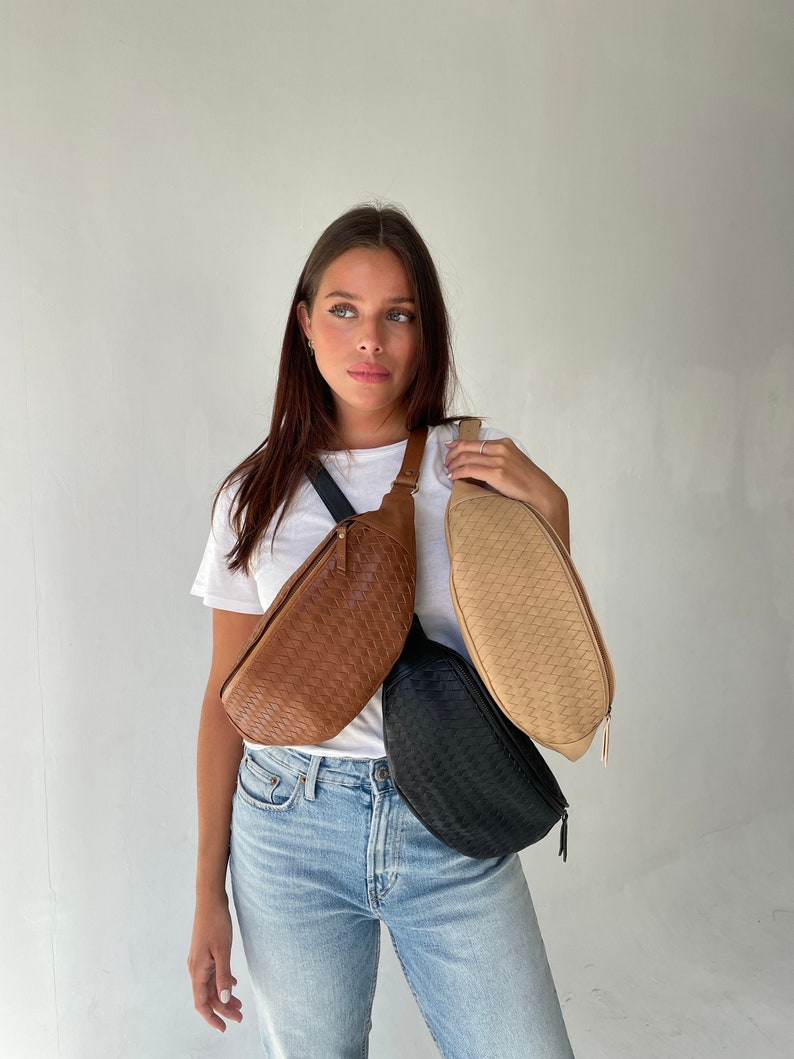 Handwoven, Genuine Tan Leather Fanny Pack, belt bag, Bum Bag, Adjustable Crossbody Bag, hip pack, waist pouch, minimalist bag, women's bag image 10