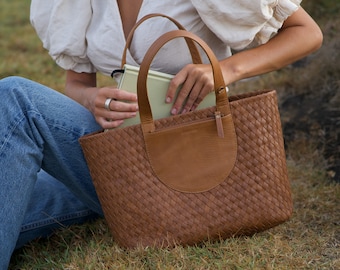 Tan Genuine Leather Tote Bag, Minimal, Woven Leather, Handmade Tote bag, Travel Bag, Work Bag, Beach Tote bag