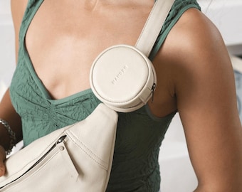 Bone White Leather Coin Purse – Round Leather Zipper Pouch, Attachable Keychain Wallet