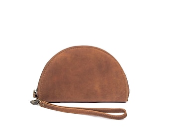 Saddle Leather Half Moon Wristlet Wallet – Zipper Coin Purse, Card Holder, Minimalist Small Bag