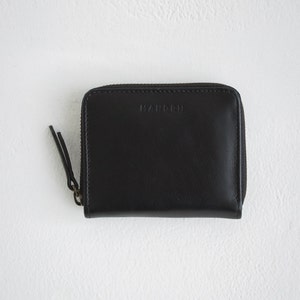 Cartera de monedas de cuero genuino, cartera de cuero negro para mujer, cartera de todos los días, cartera minimalista con cremallera, cartera de cuero elegante