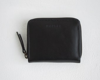 Cartera de monedas de cuero genuino, cartera de cuero negro para mujer, cartera de todos los días, cartera minimalista con cremallera, cartera de cuero elegante