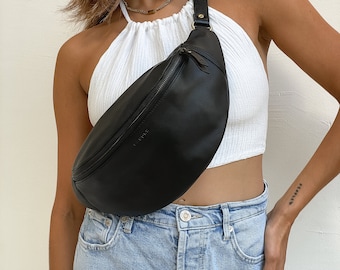 Black Leather Fanny Pack, Leather Crossbody Bag , Large Hip Bag, Waist Pack, Minimal Fanny Pack, Travel Bag, Waist Pouch, hip pack