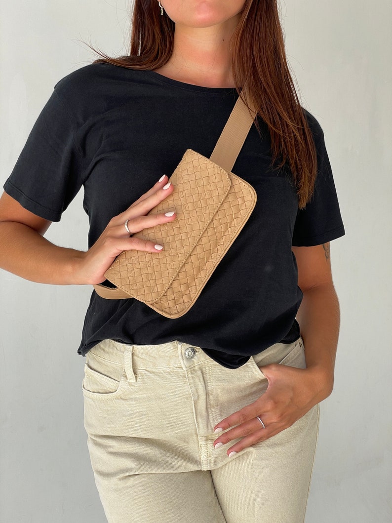 Sand Woven Leather Belt Bag, Genuine Leather Fanny Pack, Adjustable Crossbody BeltBag, Leather Bum Bag, Gifts for her, Minimalist Fanny Pack image 5