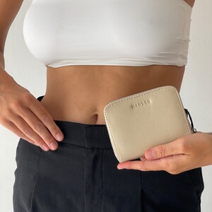Monedero de piel auténtica, cartera de piel blanca para mujer, cartera para diario, tarjetero minimalista con cremallera, cartera elegante, cartera de viaje