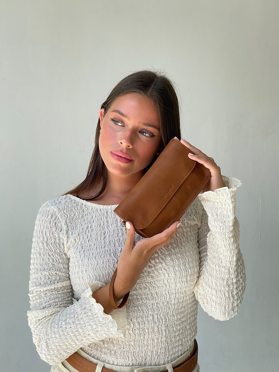 Tan Leather Belt Bag, Genuine Leather Fanny Pack, Adjustable Crossbody