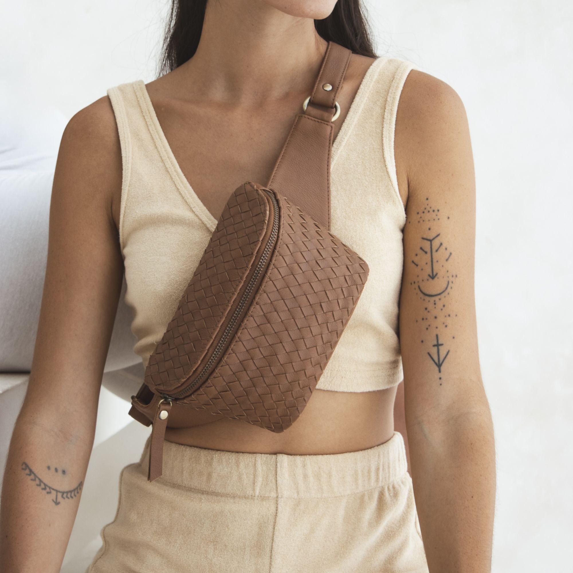 MANDRN  The Woven Atlas- Tan Leather Fanny Pack