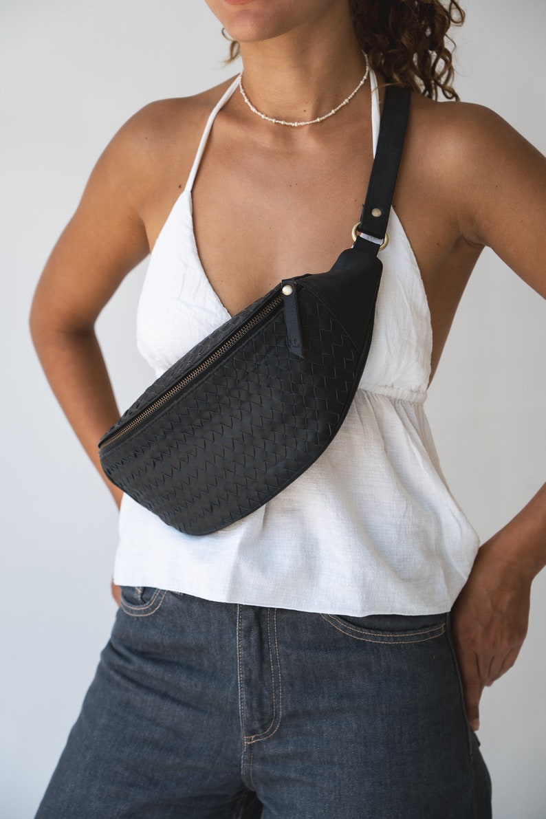 Genuine Leather Fanny Pack, Handwoven, belt bag, Bum Bag, Adjustable Crossbody Bag, hip pack, waist pouch, minimalist bag, womens fanny pack image 1