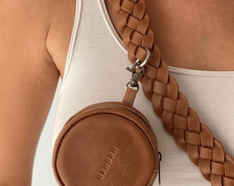 Tan Leather Coin Purse – Round Leather Zipper Pouch, Attachable Keychain Wallet
