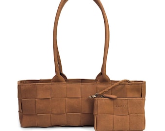 Saddle Light Brown Leather Shoulder Bag – Woven East West Purse, Genuine Leather Handbag