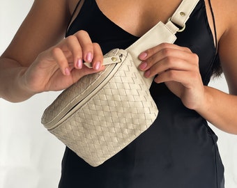 Sac banane en cuir tissé, bandoulière en cuir véritable, sac banane en cuir, sac banane, cadeaux pour elle, pochette banane, cadeau de vacances, sac de voyage