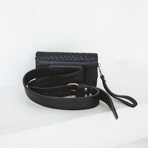 Black Woven Leather Belt Bag, Genuine Leather Fanny Pack, Adjustable Crossbody BeltBag, Festival Bag, Gifts for her, Minimalist Fanny Pack image 6