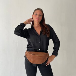 Handwoven, Genuine Tan Leather Fanny Pack, belt bag, Bum Bag, Adjustable Crossbody Bag, hip pack, waist pouch, minimalist bag, women's bag image 9