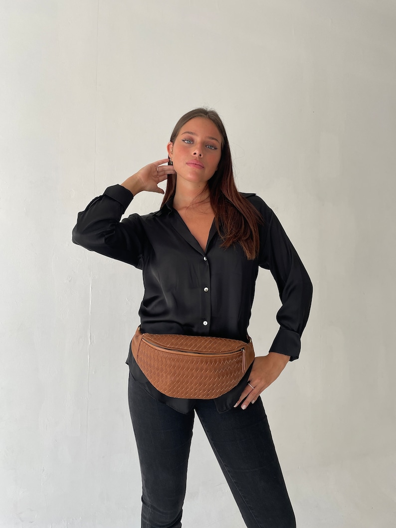 Handwoven, Genuine Tan Leather Fanny Pack, belt bag, Bum Bag, Adjustable Crossbody Bag, hip pack, waist pouch, minimalist bag, women's bag image 9