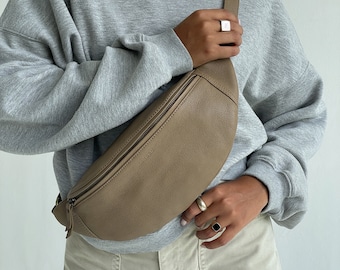 Taupe Leather Fanny Pack, Leather Crossbody Bag , Large Hip Bag, Waist Pack, Minimal Fanny Pack, Travel Bag, Waist Pouch, hip pack