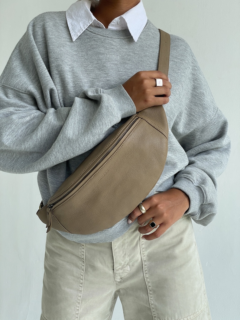 Taupe Leather Fanny Pack, Leather Crossbody Bag , Large Hip Bag, Waist Pack, Minimal Fanny Pack, Travel Bag, Waist Pouch, hip pack image 1