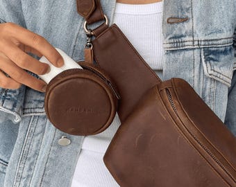 Saddle Dark Brown Leather Circle Pouch: Minimalist Attachable Circle Coin Purse
