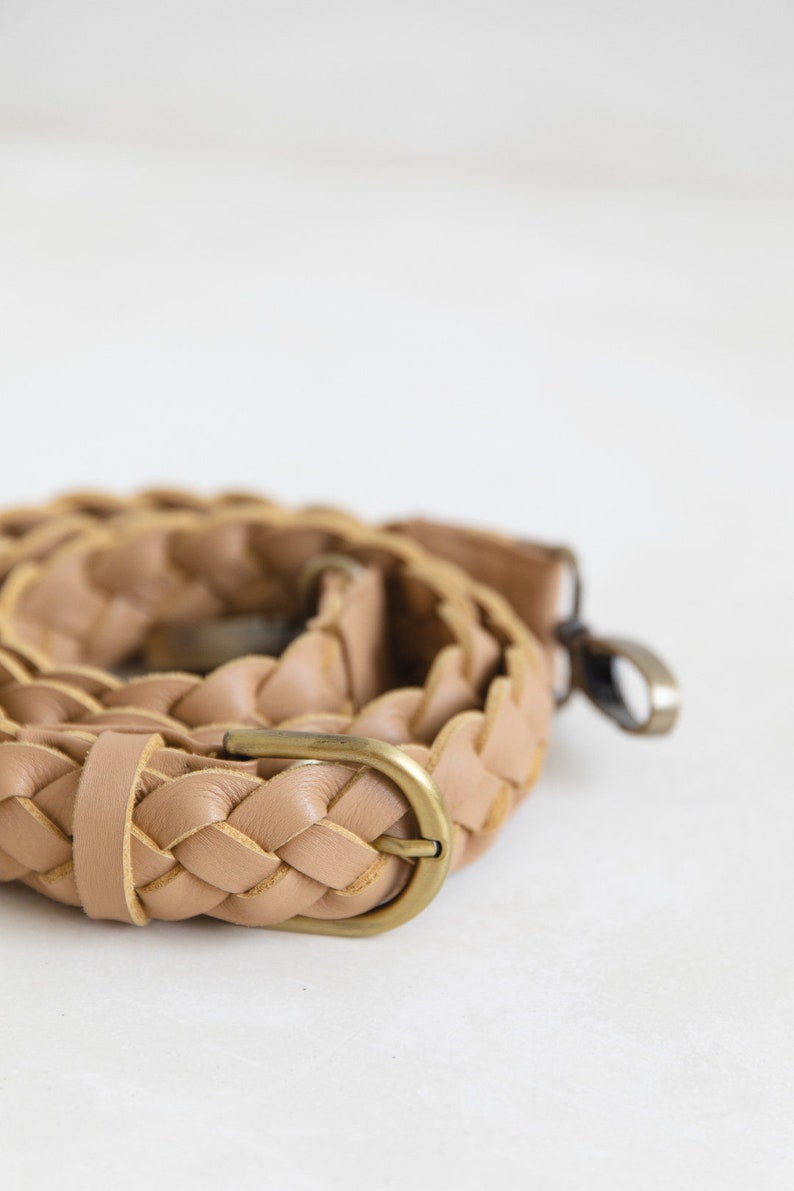 Beige Genuine Leather Minimalist Woven Strap, Carry Woven Strap, sand beige leather woven belt, gift for Women, genuine woven leather image 7