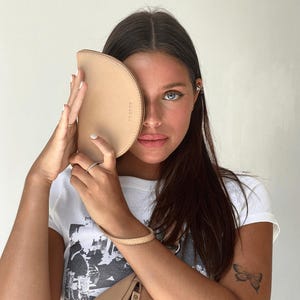 Beige Leather Half Moon Wallet – Minimalist Zip Coin Pouch, Genuine Leather Card Holder, Small Everyday Wallet