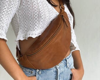 Brown Genuine Leather Fanny Pack, Leather Crossbody,  Hip Bag, Bum Bag, Belt Bag, Waist Pack, Minimal Fanny Pack, Travel Bag, festival bag