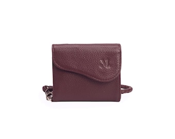 Burgundy Leather Minimalist Wallet – Handmade Genuine Leather Card Holder, Small NOA Zip Wallet