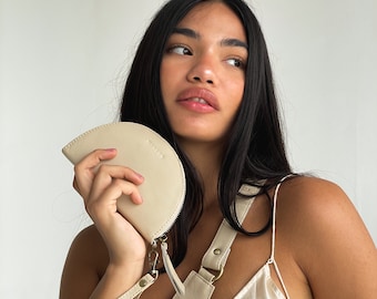 Genuine Bone White Leather Minimalist Wallet, Half Moon shape Wallet, Leather Wallet for Women, everyday wallet, minimalist zipped wallet