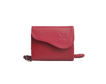 Red Leather Minimalist Wallet – Handmade Genuine Leather Card Holder, Small NOA Zip Wallet