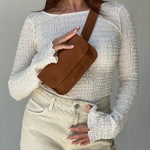 Tan Leather Belt Bag, Genuine Leather Fanny Pack, Adjustable Crossbody Bag, Leather Bum Bags, Gifts for her, Minimalist Fanny Pack image 6