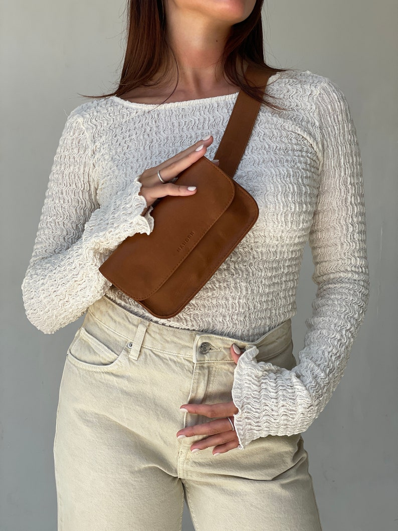Tan Leather Belt Bag, Genuine Leather Fanny Pack, Adjustable Crossbody Bag, Leather Bum Bags, Gifts for her, Minimalist Fanny Pack image 6