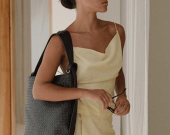 Handmade Woven Black Leather Tote Bag: Minimalist Travel Work Bag
