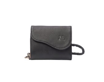 Black Leather Minimalist Wallet – Handmade Genuine Leather Card Holder, Small NOA Zip Wallet