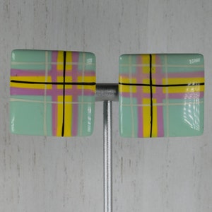 1980&#39;s Pastel pink/yellow/white and black PLAID painted on plastic SQUARE mint green earrings