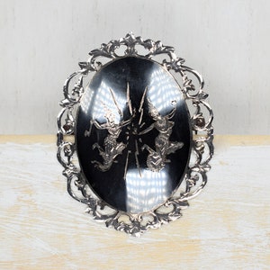 Vintage 1960&#39;s Siam silver brooch with etch depicting the &quot;goddess of lightning&quot; Mekkala & &quot;the thunder god&quot; Ramasoon