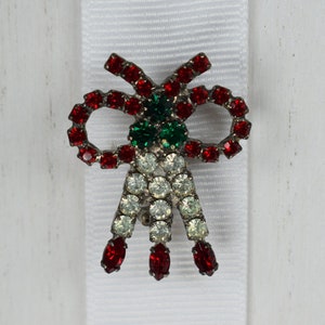 Vintage Red Green and Clear Rhinestone Christmas Ribbon Bow Brooch