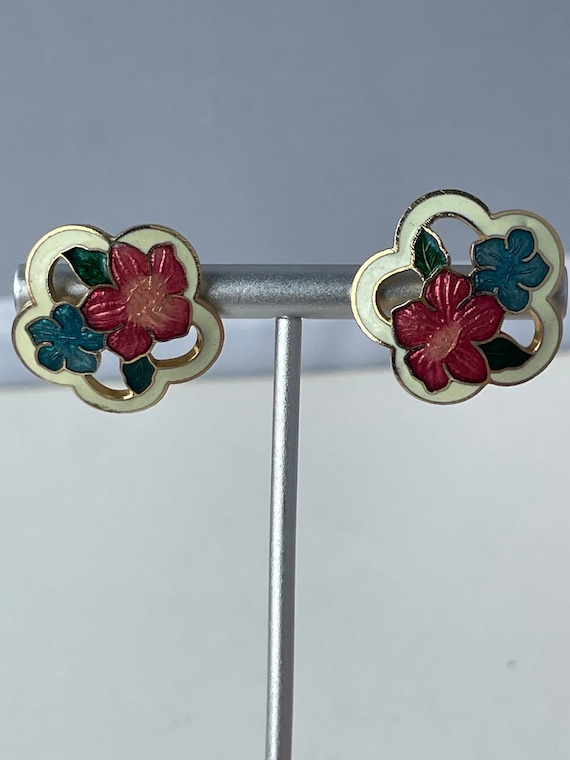 1980s cloisonné flower shaped push back earrings