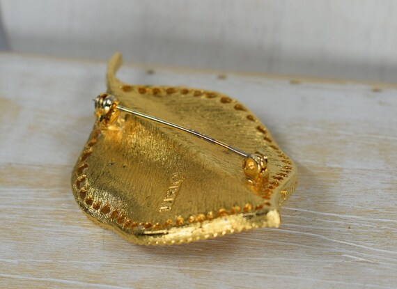 Signed Vintage 1970's BSK Golden leaf brooch - image 4