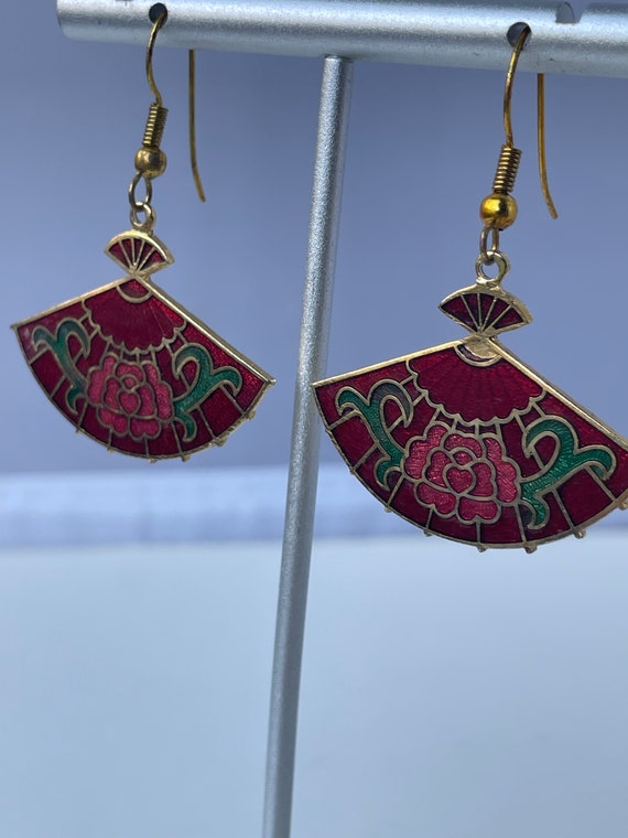 Vintage 1980s Cloisonné enameled Red Fan earrings