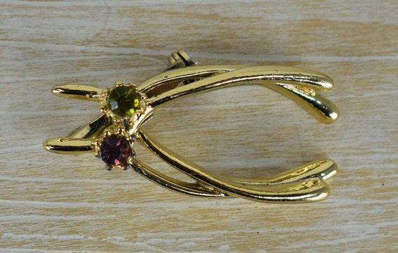 Gold tone double WISHBONE/Good Luck/HOPE brooch w… - image 8
