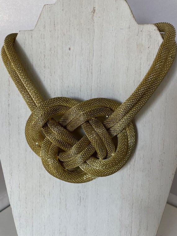 Vintage Gold tone knotted mesh statement necklace