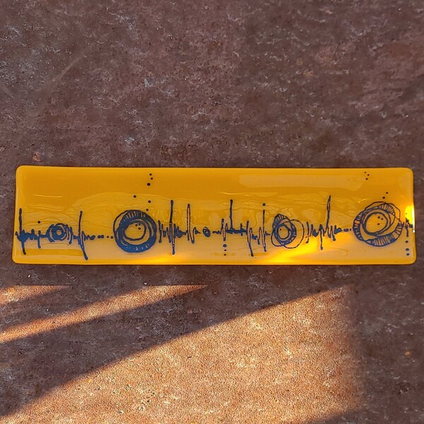 Marigold Yellow Rectangle Glass Dish with Bold Hand Drawn Design, Long Serving Tray, Centerpiece Dish, Formed Art Glass