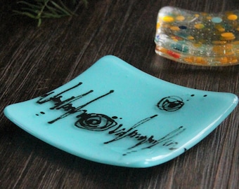 Blue Square Glass Trinket Dish used as a Sushi Dish, Butter Dish, Key Tray, Dessert Serving Platter, Jewelry Tray, Appetizer Plate & Gift!